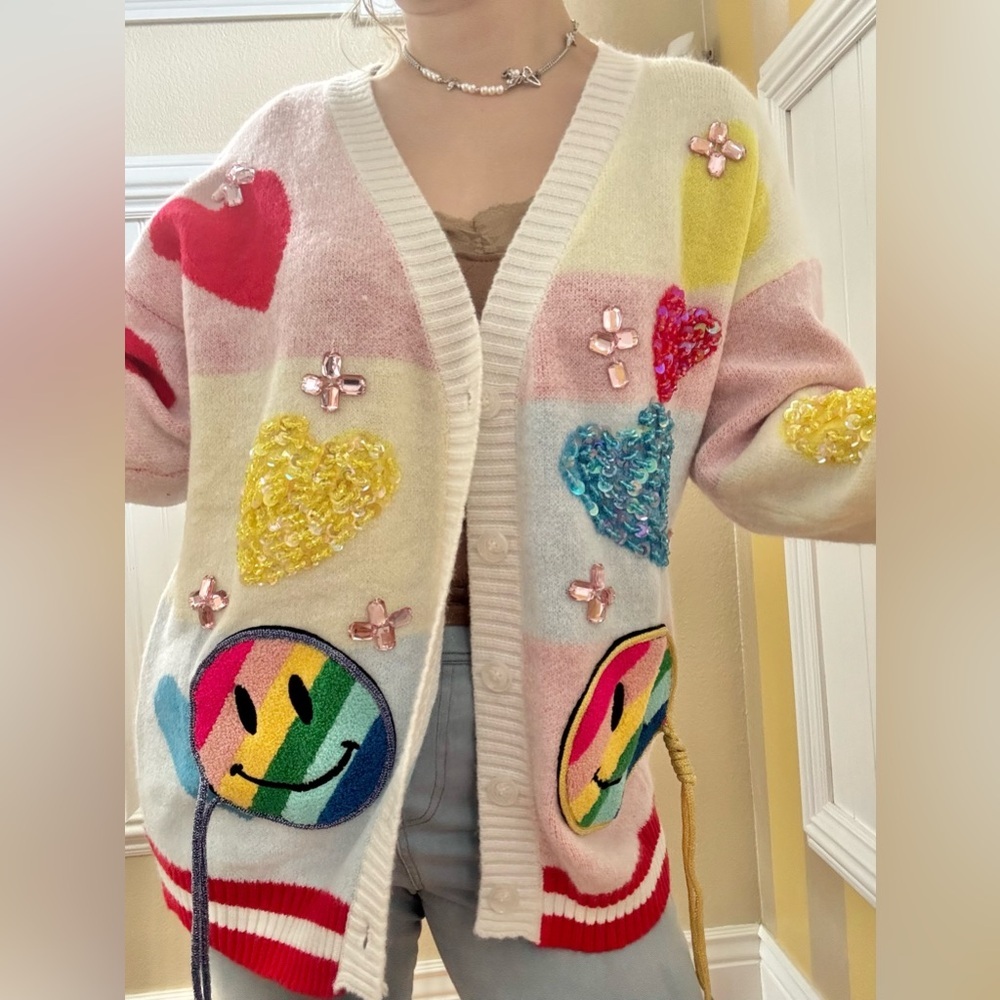 Colorful Smiley Face Cardigan Sweater - Picture 6 of 6